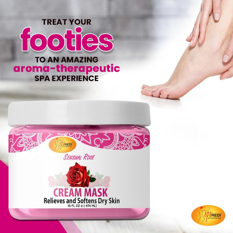 SPA REDI - Body and Foot Cream Mask, Sensual Rose, 16 Oz - Pedicure Massage for Tired Feet and Body, Hydrating, Fresh Skin - Infused with Hyaluronic Acid, Amino Acids, Panthenol, Comfrey Extract