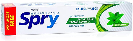 Spry Natural Xylitol Toothpaste 5oz for Adults and Kids - Fluoride Free, Gentle for Sensitive Teeth Whitening and Remineralizing, Breath Freshening, Mouth Moisturizing, Spearmint (Pack of 2)