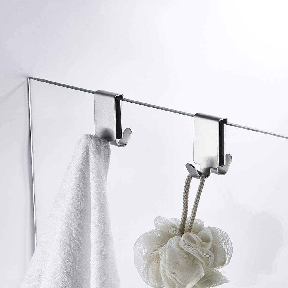 Double Hooks for Glass Shower Door, Towel Hooks Over The Bathroom Glass Wall 0.31-0.39in, Stainless Steel, Brushed,2 Pack.