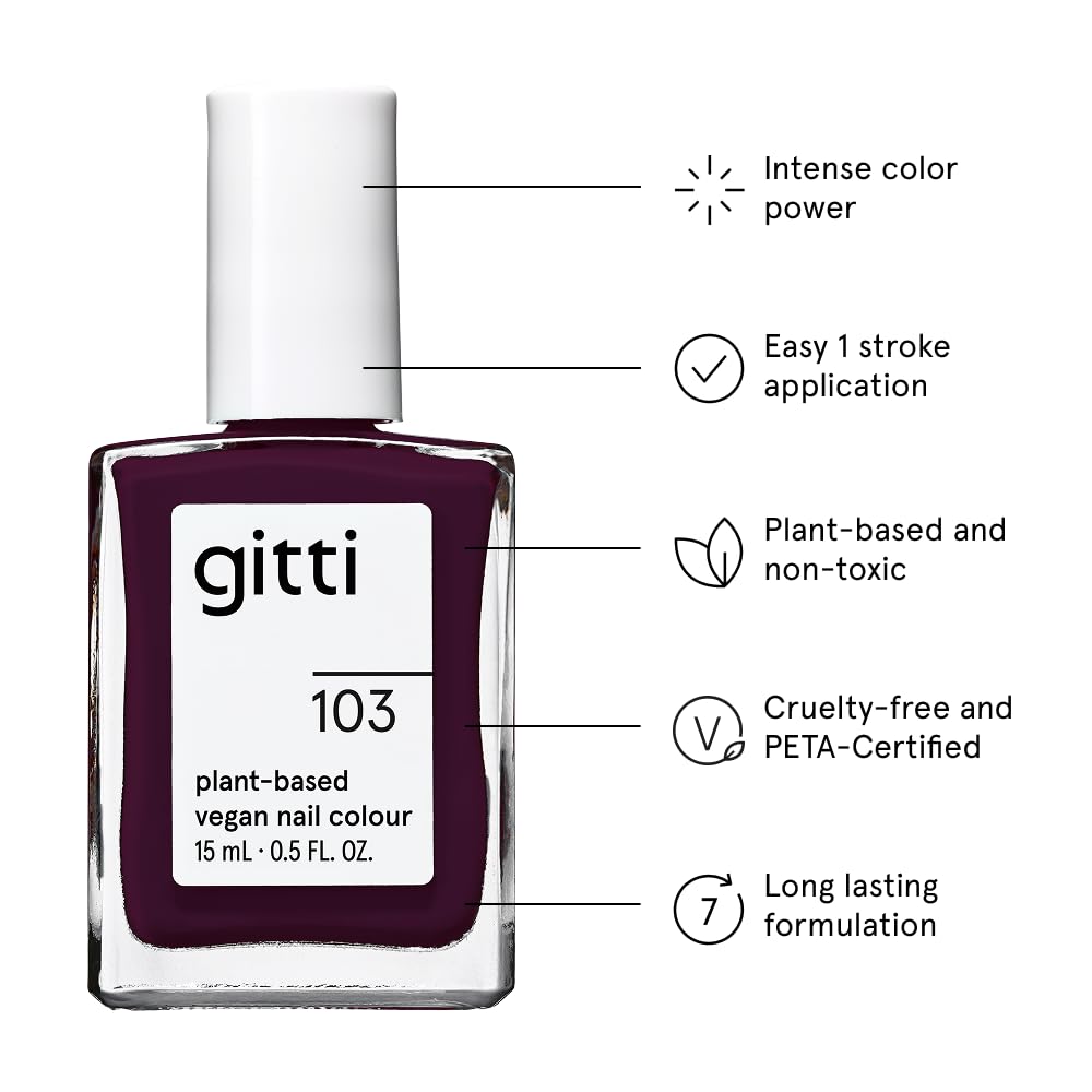 gitti Plant-based Nail Polish I Non-Toxic, 30-Free, Based On Natural Origin Ingredients, Cruelty-Free, Vegan, High Performance Colors, Glossy Finish, Shade no. 103 Aubergine (0.5 fl oz)