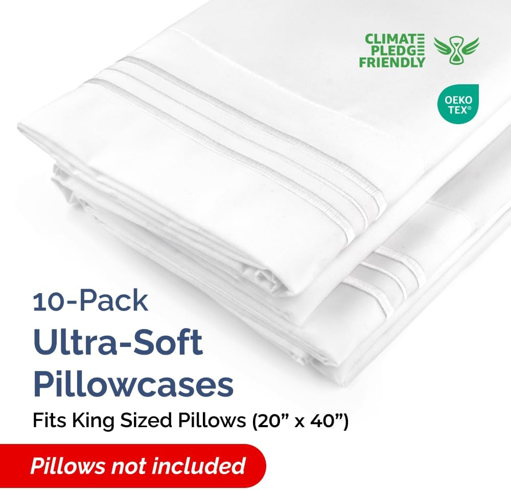 King Pillow Cases Set of 10 - Ultra Soft Hotel Quality Pillowcase Covers - Comfy & Wrinkle Free - Shrink, Stain and Fade Resistant - Easy-Care, Machine Washable Pillow Protectors - 10 Pcs Set - White