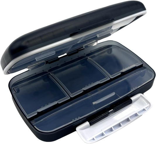 EZY DOSE Moisture-Proof Pill Case, Medicine Planner, Vitamin Organizer Box, Travel-Friendly, Latch-Closure to Secure Contents, 8 Individual Compartments of Multiple Sizes with Tight Seal, Large, Black