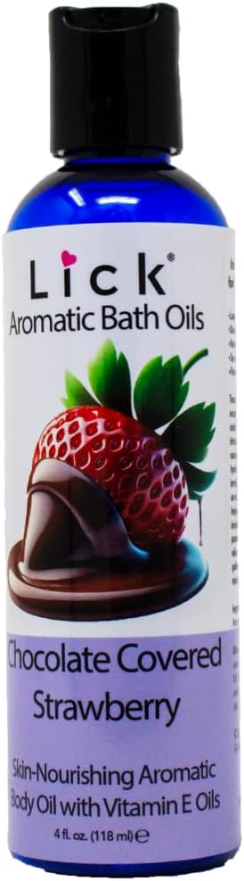 LICK Chocolate Covered Strawberry Aromatic Bath Oil - Natural Sweet Almond, Vitamin E & Jojoba Oils for Luxurious Experience for Women. Moisturizes Dry Skin, 12 Enchanting Aromas, Made in USA 4 fl oz