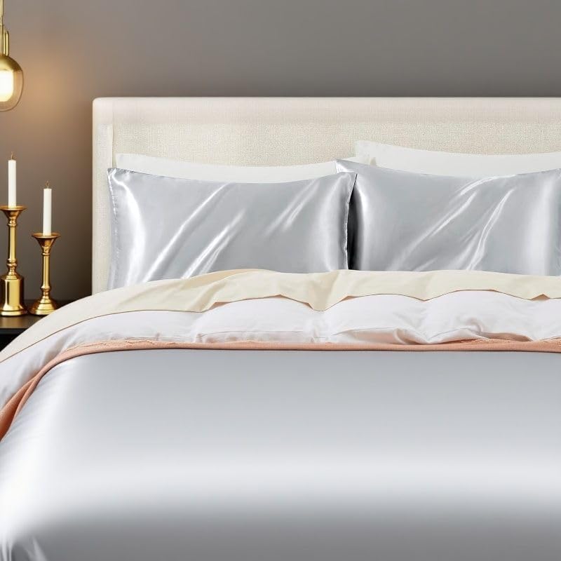 Juwenin Bedding,Super Soft and Luxury Silky Satin Pillowcase (Silky Satin Pillow Case for Hair) Set of 2 (Silver, King (20'x40'))