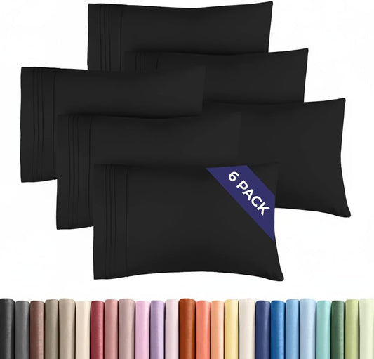 Queen Pillow Cases Set of 6 - Ultra Soft Hotel Quality Pillowcase Covers - Comfy & Wrinkle Free - Shrink, Stain and Fade Resistant - Easy-Care, Machine Washable Pillow Protectors - 6 Piece Set - Black
