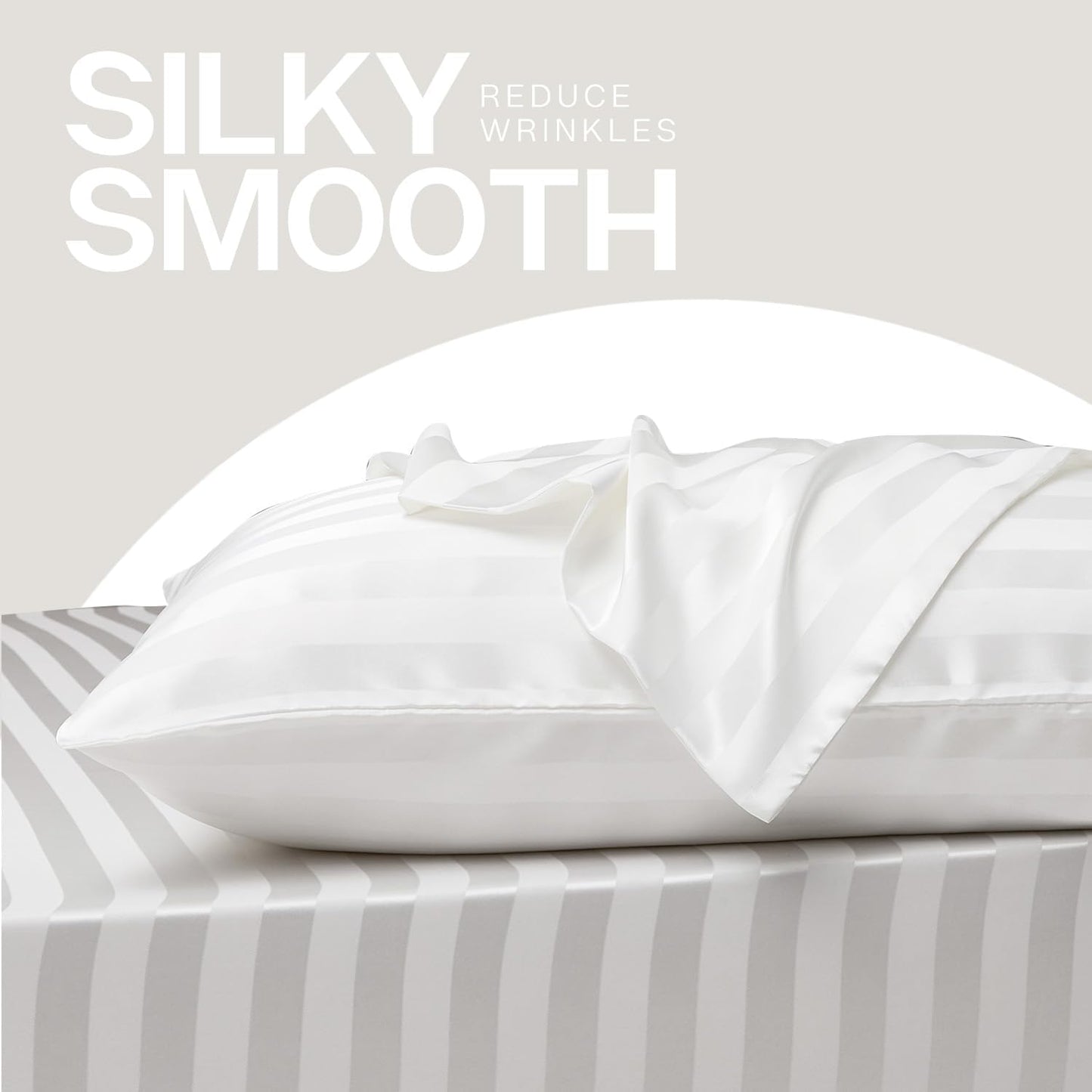 MR&HM Satin Pillowcase for Hair and Skin, Silk Satin Pillowcase 2 Pack, Standard Size Pillow Cases Set of 2, Silky Pillow Cover with Envelope Closure (20x26, Ivory Striped)