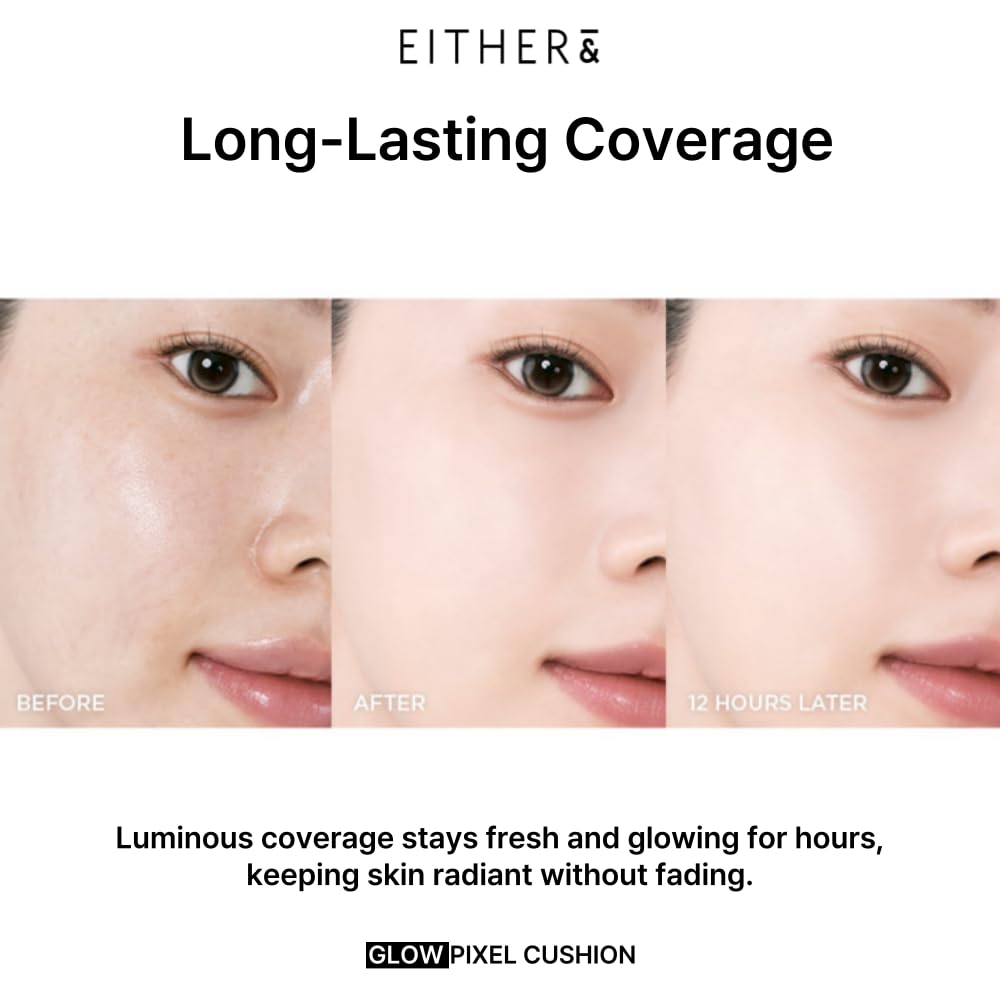 EITHER& Glow Pixel Cushion Foundation, Glowy Skincare, Korean Makeup, Natural Coverage, Moisturizing, Lightweight, Long Lasting Coverage for Flawless Skin (24P Suede)