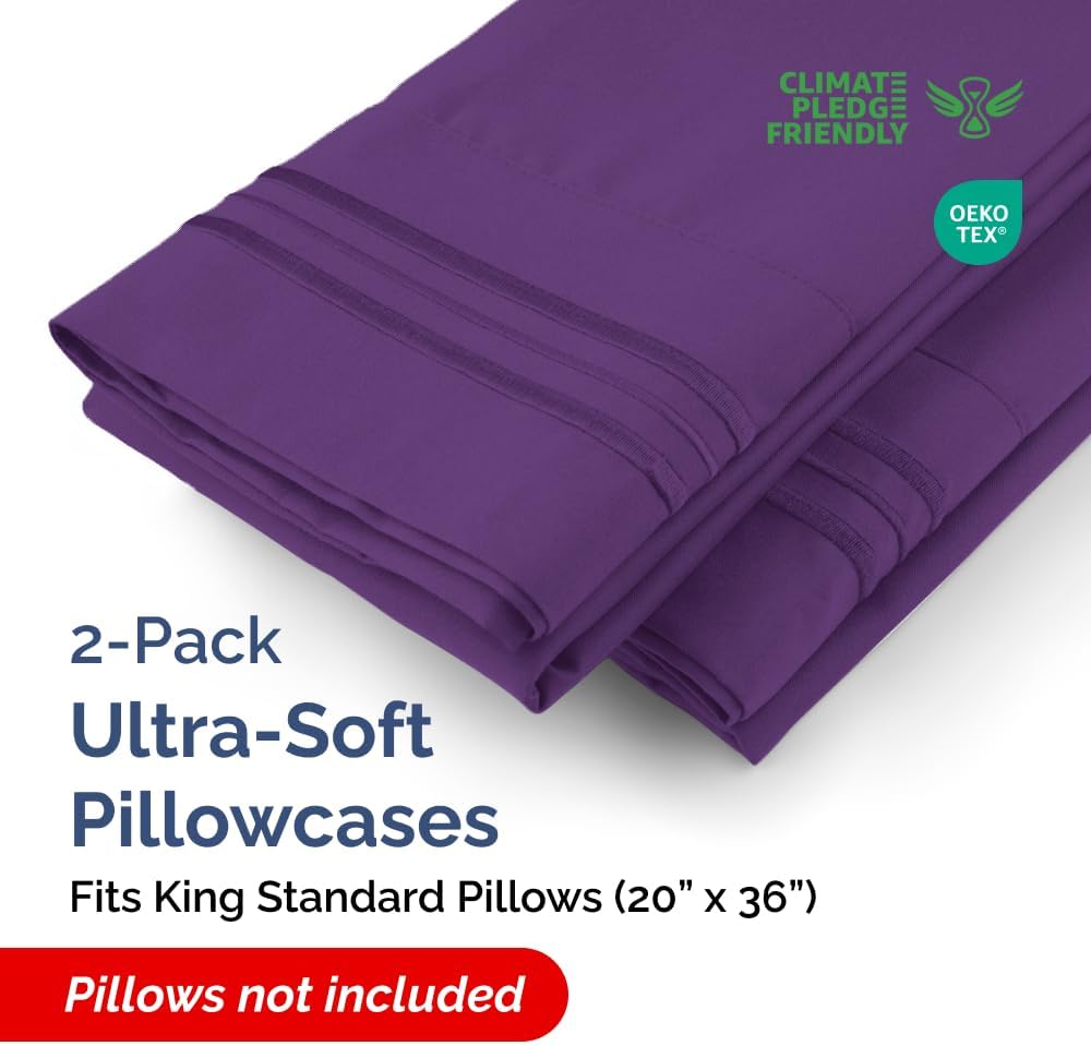 King Standard Pillow Cases Set of 2 - Ultra-Soft Hotel Quality Pillowcase Covers - Comfy, Cozy & Fade Free - Wrinkle Resistant - Machine Washable Pillow Protectors - 2 Piece Set - King Standard Purple
