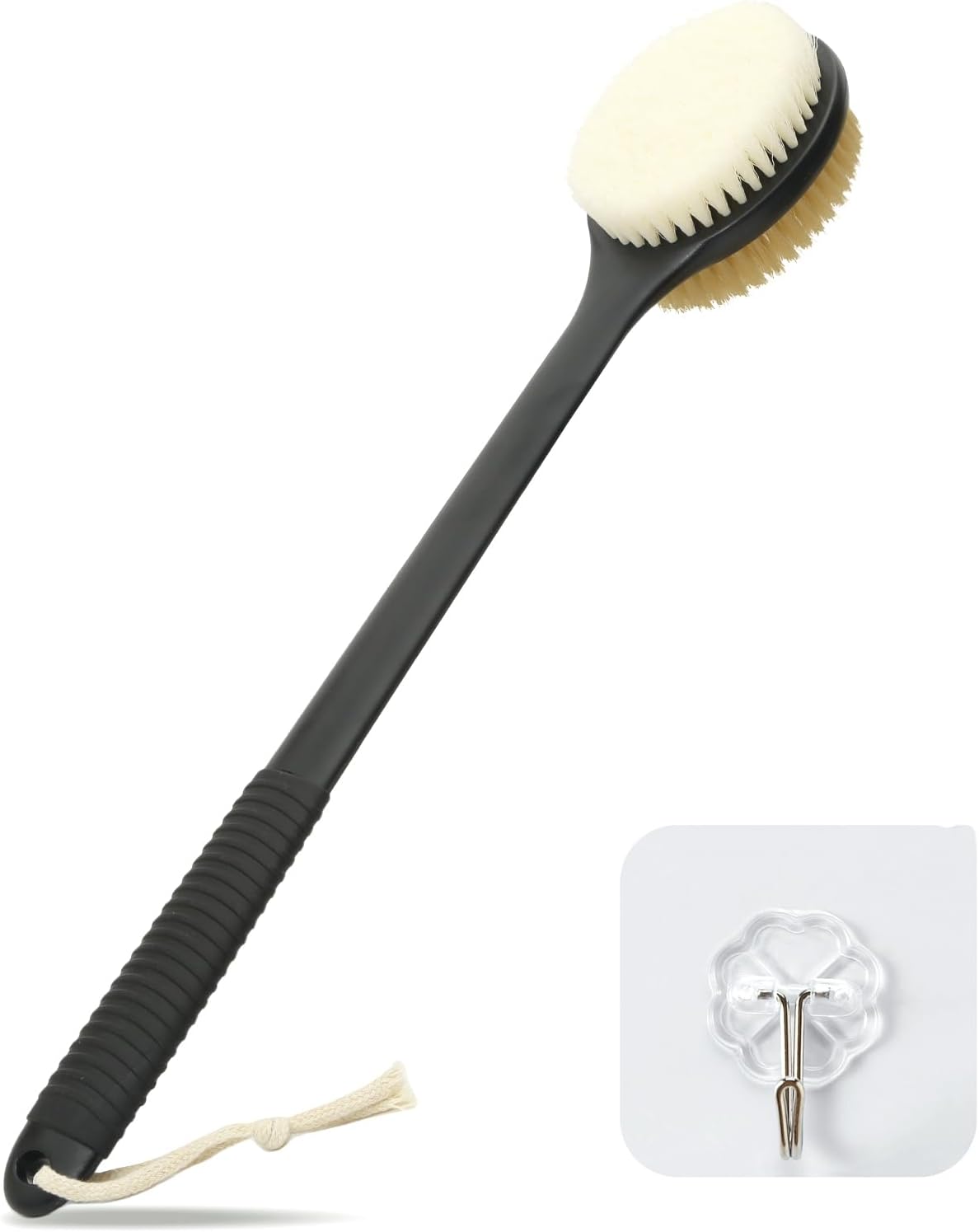 VANZAVANZU 17 Inch Anti-Slip Long Handle Back Scrubber for Shower – Dual-Sided Shower Brush and Shower Back Scrubber with Soft & Stiff Bristles for Wet or Dry Use (Black)