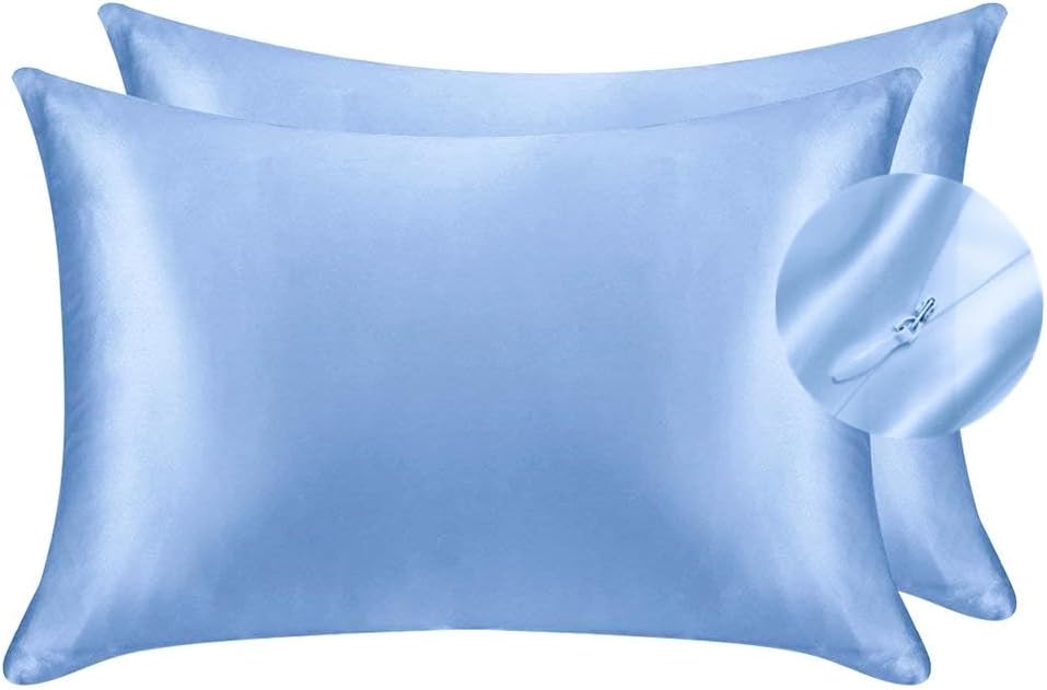 JUWENIN,Luxury Satin Pillowcase with Zipper (Silky Satin Pillow Case for Hair) Set of 2 (King, Blue)