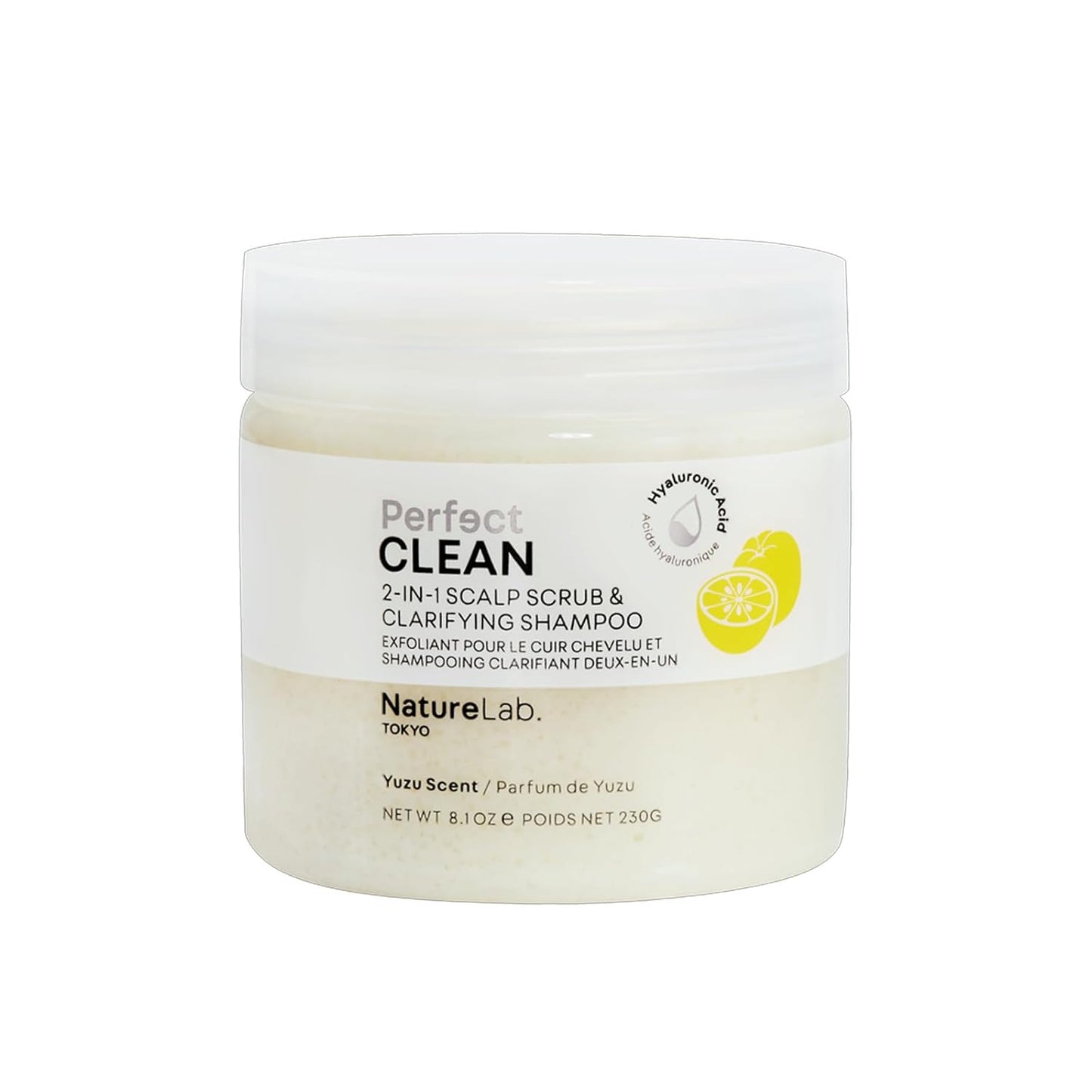 NatureLab.TOKYO Perfect Clean Scalp Scrub & Clarifying Shampoo - Sugar Crystals, Probiotic Sake Water, Hyaluronic Acid, Pearl Extract - 2-in-1 Deep Scalp Cleanser for Shine & Hydration, 8.1 oz, Yuzu