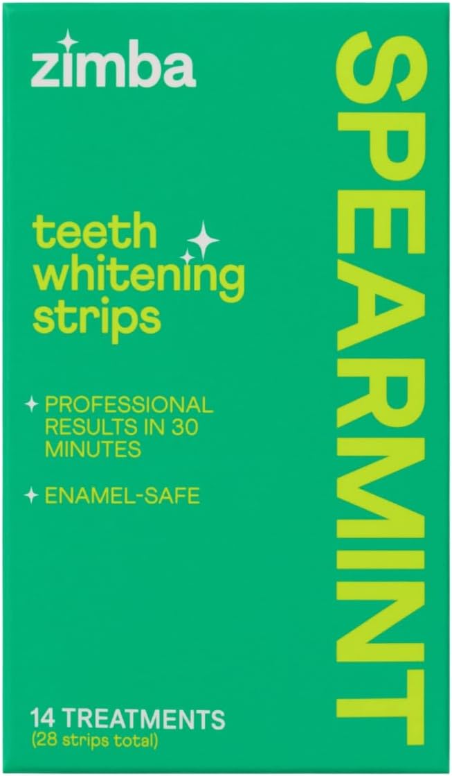 Zimba Spearmint Flavored Teeth Whitening Strips | Vegan, Enamel Safe Hydrogen Peroxide Teeth Whitener for Coffee, Wine, Tobacco, and Other Stains | 14 Day Treatment | Spearmint
