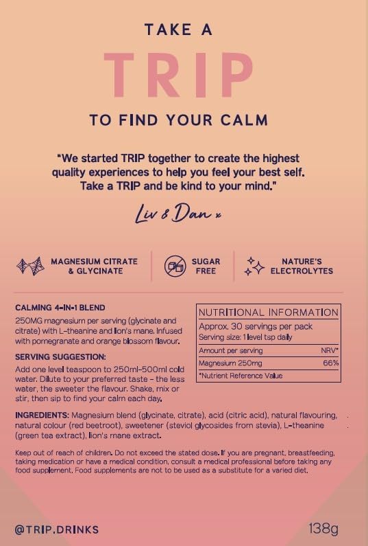 TRIP Magnesium Glycinate Powder with L-Theanine & Lion’s Mane, Sugar Free Magnesium Supplement for Adults, 250mg Magnesium per Drink Mix Serving, Pomegranate Orange Blossom, 1 Bag - 30 Servings