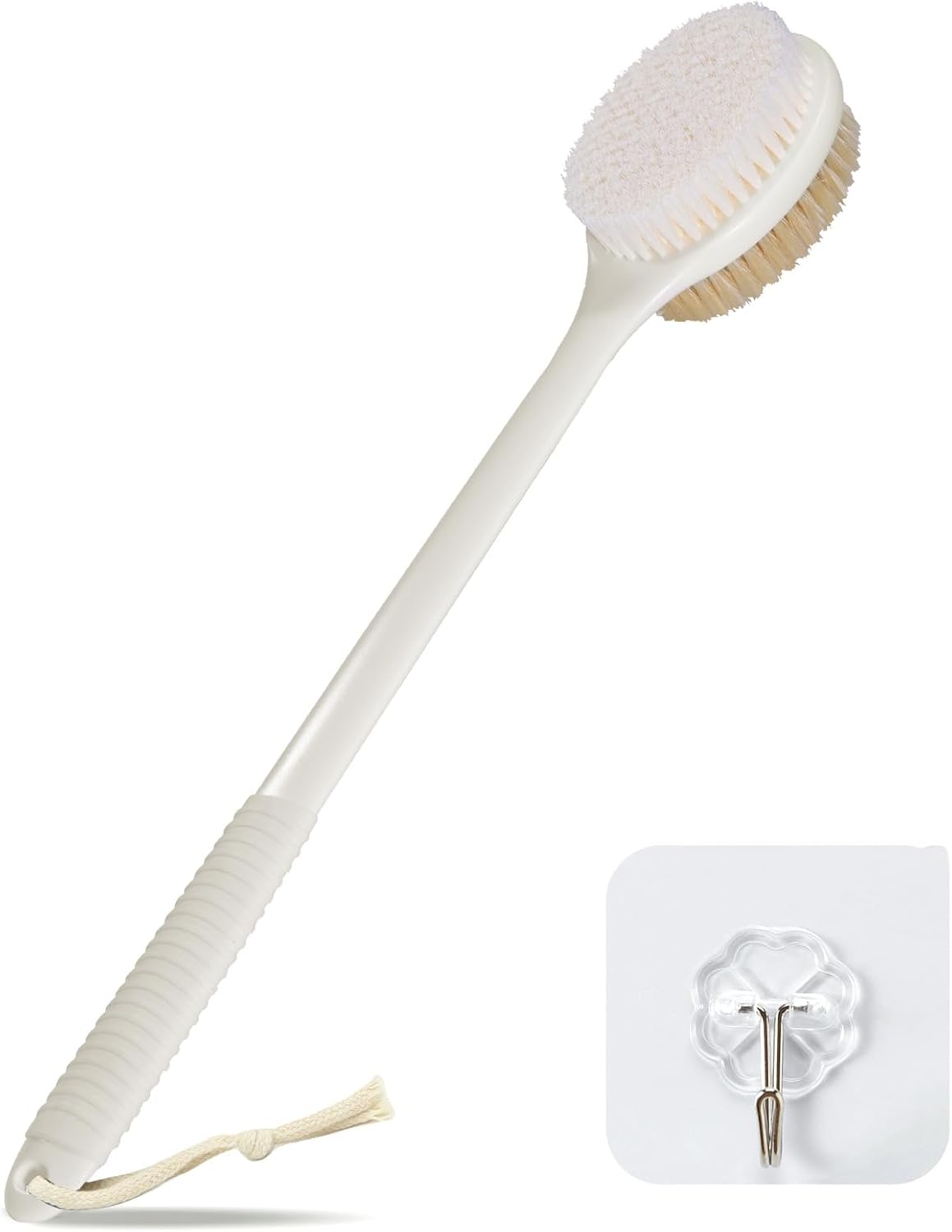 VANZAVANZU 17 Inch Anti-Slip Long Handle Back Scrubber for Shower – Dual-Sided Shower Brush and Shower Back Scrubber with Soft and Stiff Bristles for Wet or Dry Brushing (Cream White)