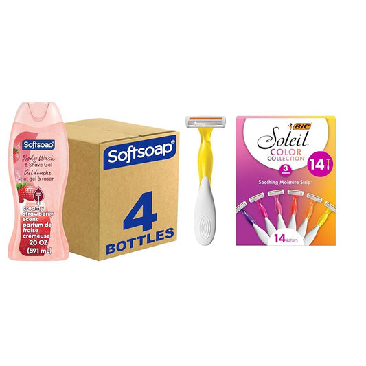 Softsoap Body Wash & Gel Strawberry, 20oz, pack of 4 + BIC Soleil Smooth Colors Women's Disposable Razors With Vitamin E Lubricating Strip for Enhanced Glide, Great Stocking Stuffer, 14-Count Gift Set
