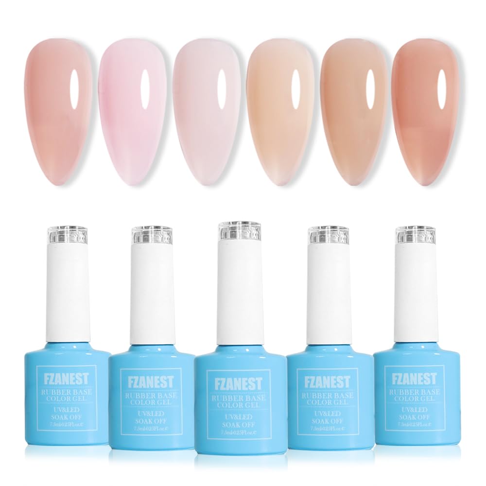 FZANEST Hema-Free Nude Gel Polish Rubber Base Set, 6 Colors Self-leveling Quick Builder Gel for Nail Overlays Sculpting Repair French Tips Base Colors Long-Lasting Base Salon-Quality Nails At Home
