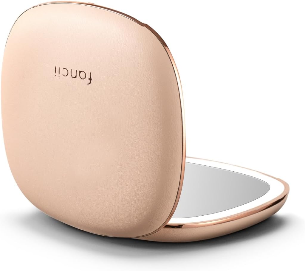 Fancii Mila 2 Compact Makeup Mirror with LED Light, Rechargeable, 10x /1x Magnifying, Tru-Glow Lighting System, Vegan Leather, Small Travel Mirror for Purses (Champagne Cream)