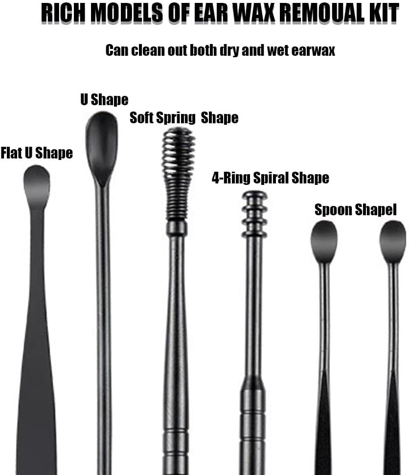 Spring Ear Cleaning Tool Kit - Contains 6 Pieces of Adult Spiral Ear Wax Remover, Ear Picker, Ear Wax Remover, Etc. -Ear Wax Removal Kit with Housing - Black
