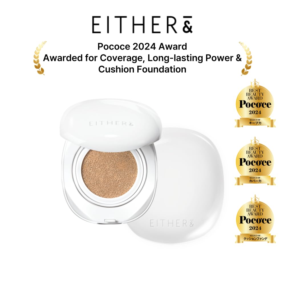 EITHER& Glow Pixel Cushion Foundation, Glowy Skincare, Korean Makeup, Natural Coverage, Moisturizing, Lightweight, Long Lasting Coverage for Flawless Skin (24P Suede)