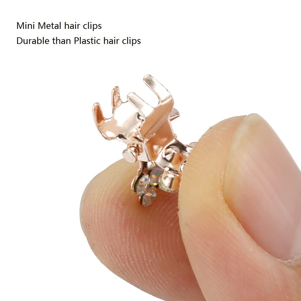Glitter and Rhinestone Hair Accessories - Mini Claw Clips with No-Slip Grip and Metal Clamps, Assorted Colored Flower Designs for Girls and Women (Rose Gold-White Crystal)