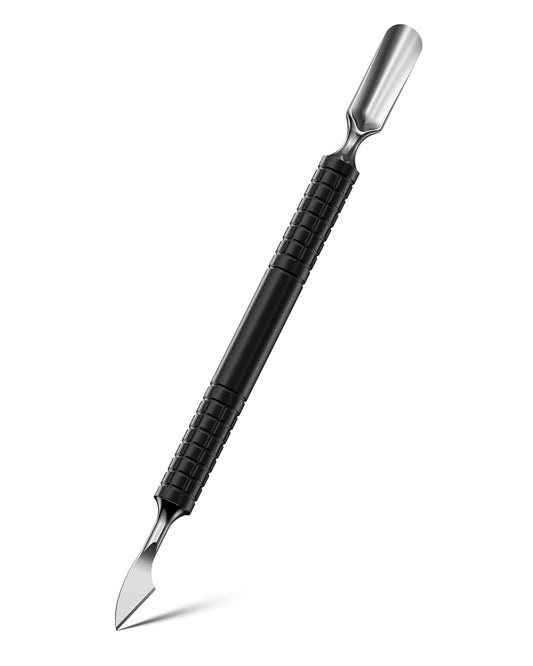 FERYES Upgraded Dual Head Cuticle Pusher Remover Tool - Curved & Chisel Edge Stainless Steel, Ergonomic Non-Slip Handle for Professional Salon & Home Manicure Nail-Black
