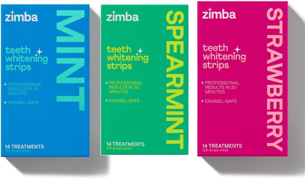 Zimba Teeth Whitening Strips 3-Pack Bundle (Mint, Spearmint, Strawberry) | Vegan Whitening Strip Enamel Safe Teeth Whitening Hydrogen Peroxide Teeth Whitener for Coffee, Wine, Tobacco & Other Stains