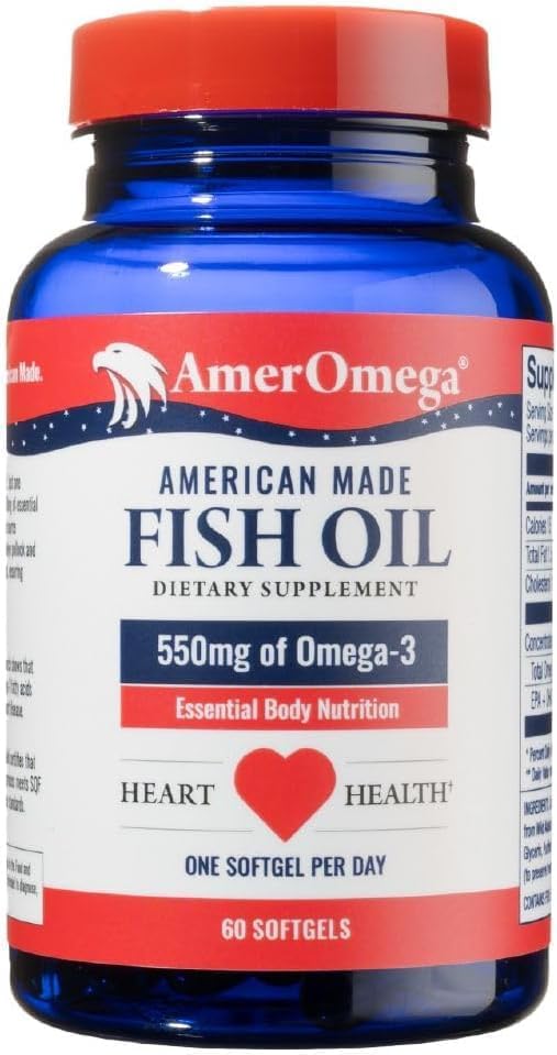 AmerOmega Triglyceride Omega-3 Fish Oil for Heart Health Support - Wild-Caught Alaskan Walleye Pollock - American-Sourced, American-Made - Non-GMO, Gluten-Free & Dairy-Free - 60 Softgels