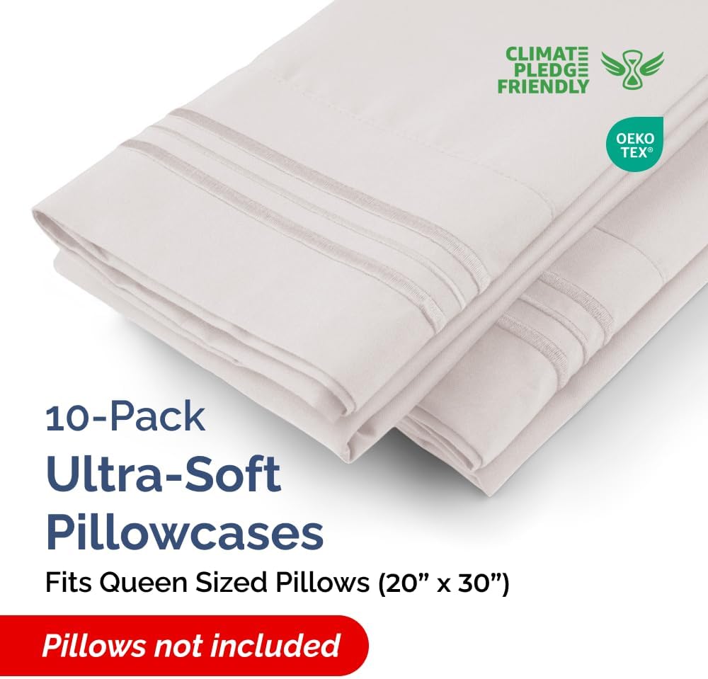 Queen Pillow Cases Set of 10 - Ultra Soft Hotel Quality Pillowcase Covers - Comfy, Cozy & Wrinkle Free - Shrink, Stain & Fade Resistant - Machine Washable Pillow Protectors - 10 Piece Set - Light Grey