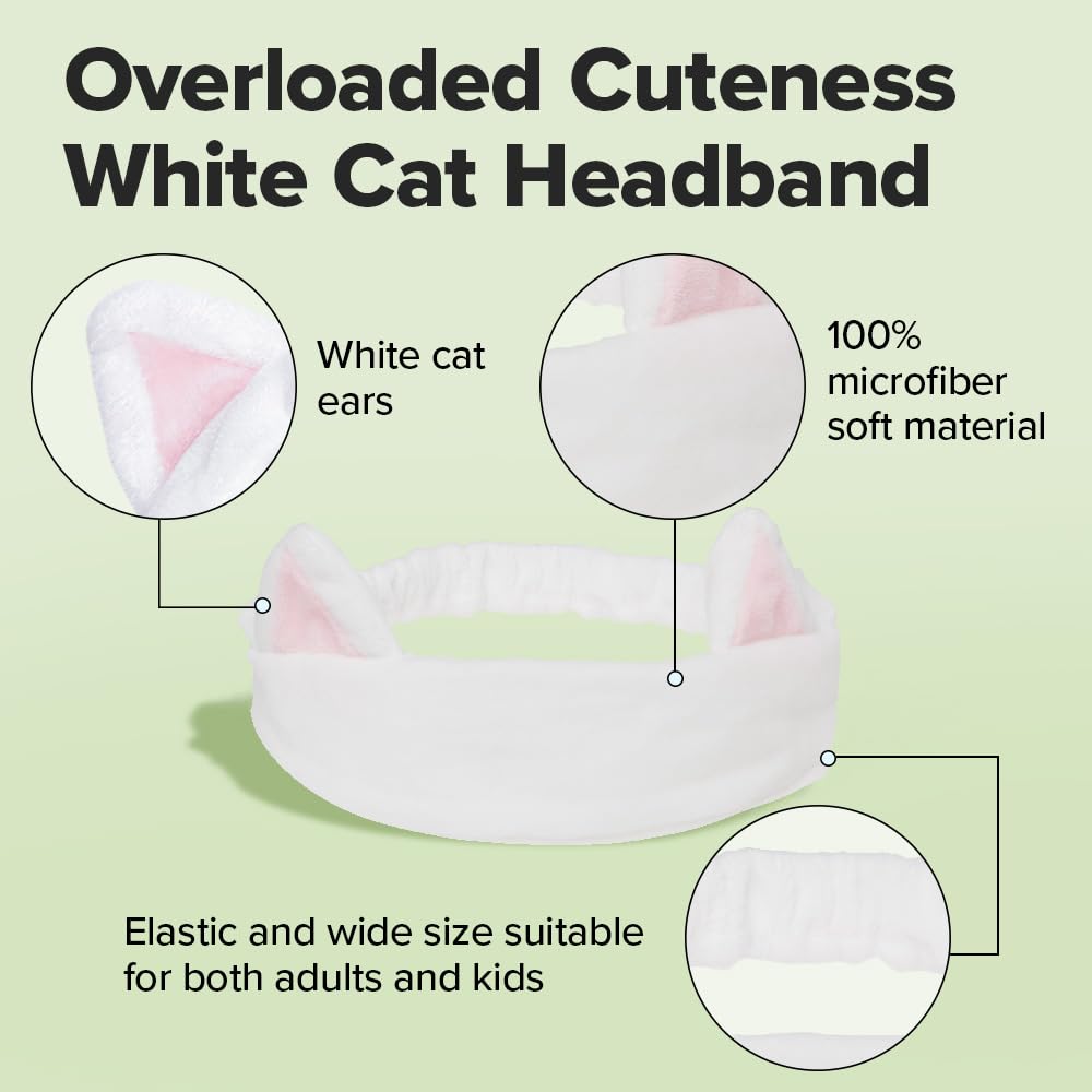 I DEW CARE Face Wash Headband - White Cat | Adorable Design, Perfect for Washing & Cleansing, Makeup and Spa, Bath, Skincare, Quick Dry, Soft & Fuzzy, Non Slip, Reusable, Teen Girls Stuff