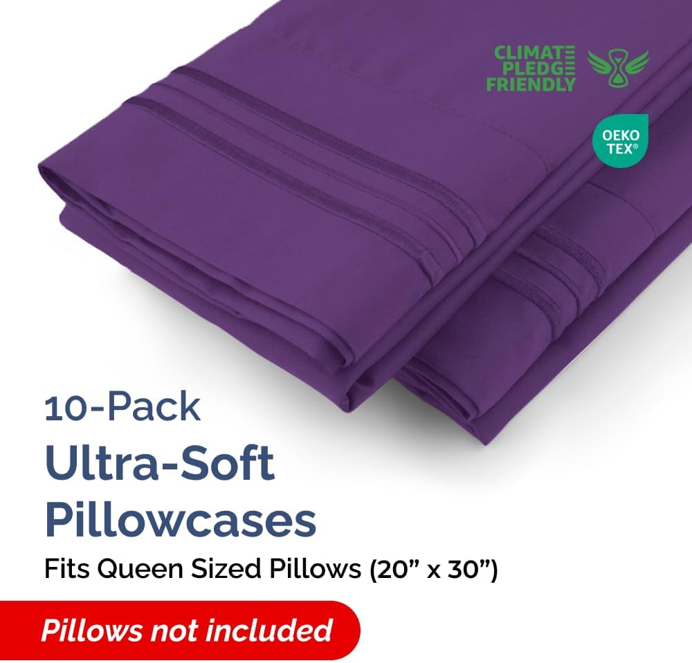 Queen Pillow Cases Set of 10 - Ultra Soft Hotel Quality Pillowcase Covers - Comfy & Wrinkle Free - Shrink, Stain & Fade Resistant - Easy-Care, Machine Washable Pillow Protectors - 10 Pcs Set - Purple