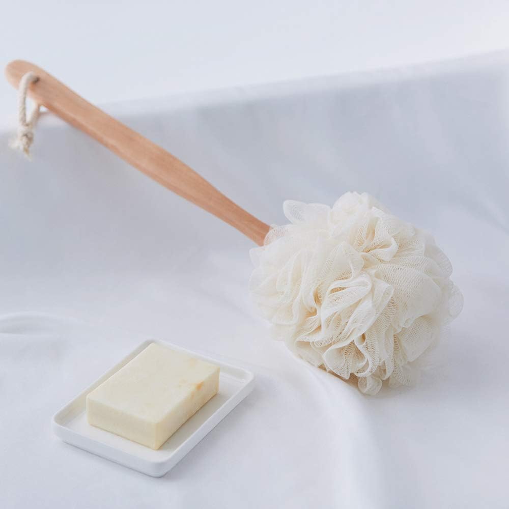Loofah Back Scrubber for Shower, Wooden Long Handle Bath Sponge Lufa Shower Brush, Soft Nylon Mesh Back Cleaner Washer, Women & Men Exfoliating Luffa Pouf on a Stick for Body (White)