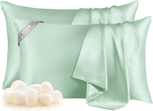 THXSILK Set of 2 100% Mulberry Silk Pillowcase for Hair and Skin, Grade 6A+ Mulberry Silk Pillow Cases Ultra-Soft, Hypoallergenic Pillow Case Cover with Zipper (Queen 20"x30", Turquoise Green)