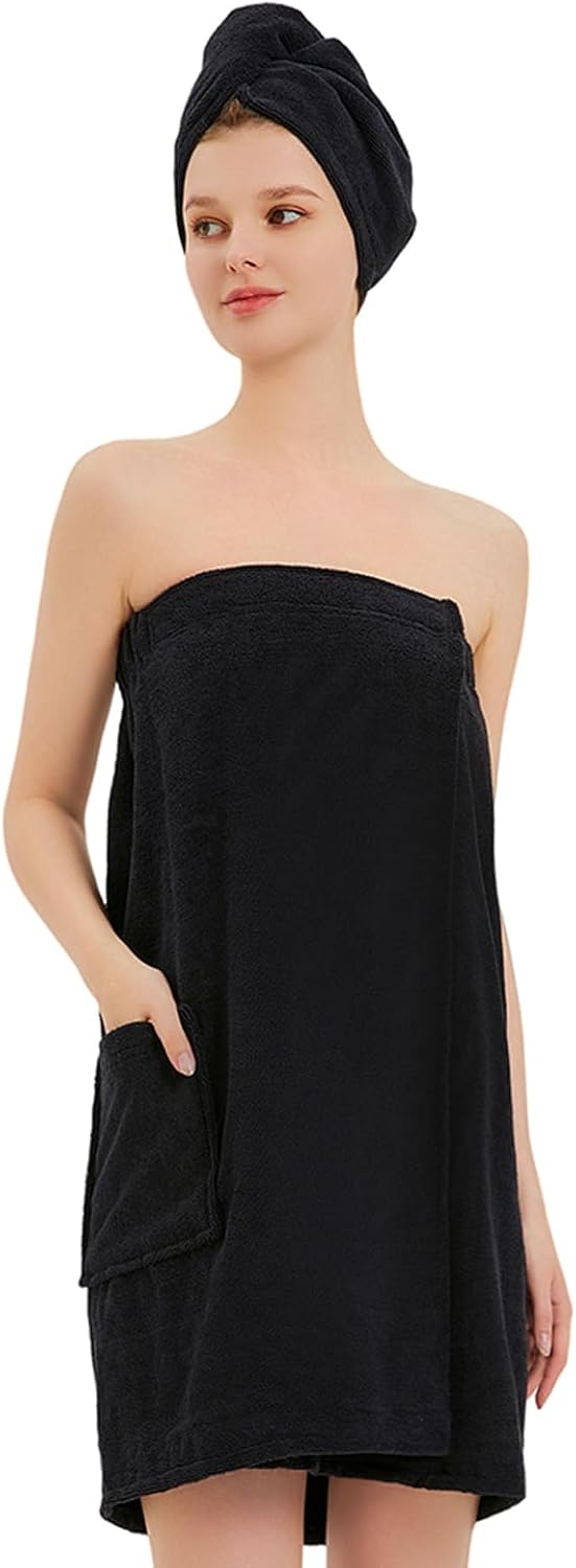 Womens Bath Body Wrap & Hair Towel Shower Spa Wrap Robe Adjustable Closure Bathrobe