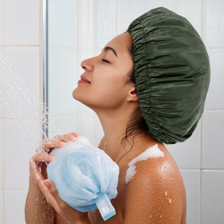 Reusable Shower Cap for Women, Large Waterproof Shower Bonnet Washable Elastic Band Bath Hair Hat for Long Hair, Braids(Green)