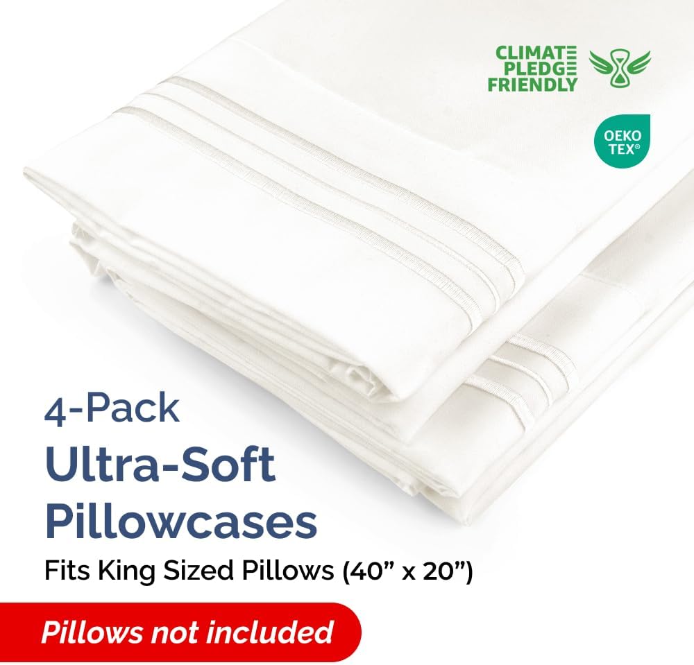 King Pillow Cases Set of 4 - Ultra Soft Hotel Quality Pillowcase Covers - Comfy, Cozy & Wrinkle Free - Shrinkage and Fade Resistant - Machine Washable Pillow Protectors - 4 Piece Set - Antique White