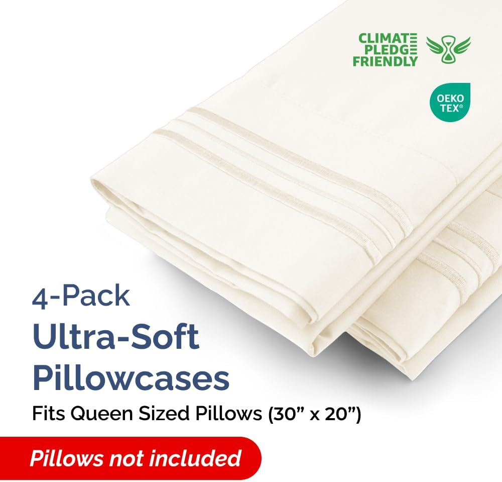 Queen Pillow Cases Set of 4 - Ultra Soft Hotel Quality Pillowcase Covers - Comfy, Cozy & Wrinkle Free - Shrinkage, Stain & Fade Resistant - Machine Washable Pillow Protectors - 4 Piece Set - Off White
