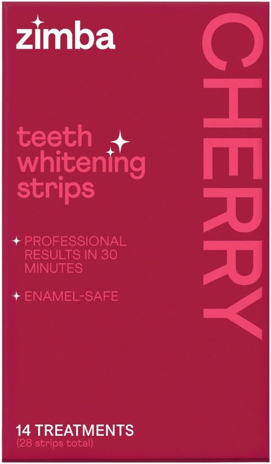 New Zimba Cherry Flavored Teeth Whitening Strips | Vegan, Enamel Safe Hydrogen Peroxide Teeth Whitener for Coffee, Wine, Tobacco, and Other Stains | 14 Day Treatment | Cherry