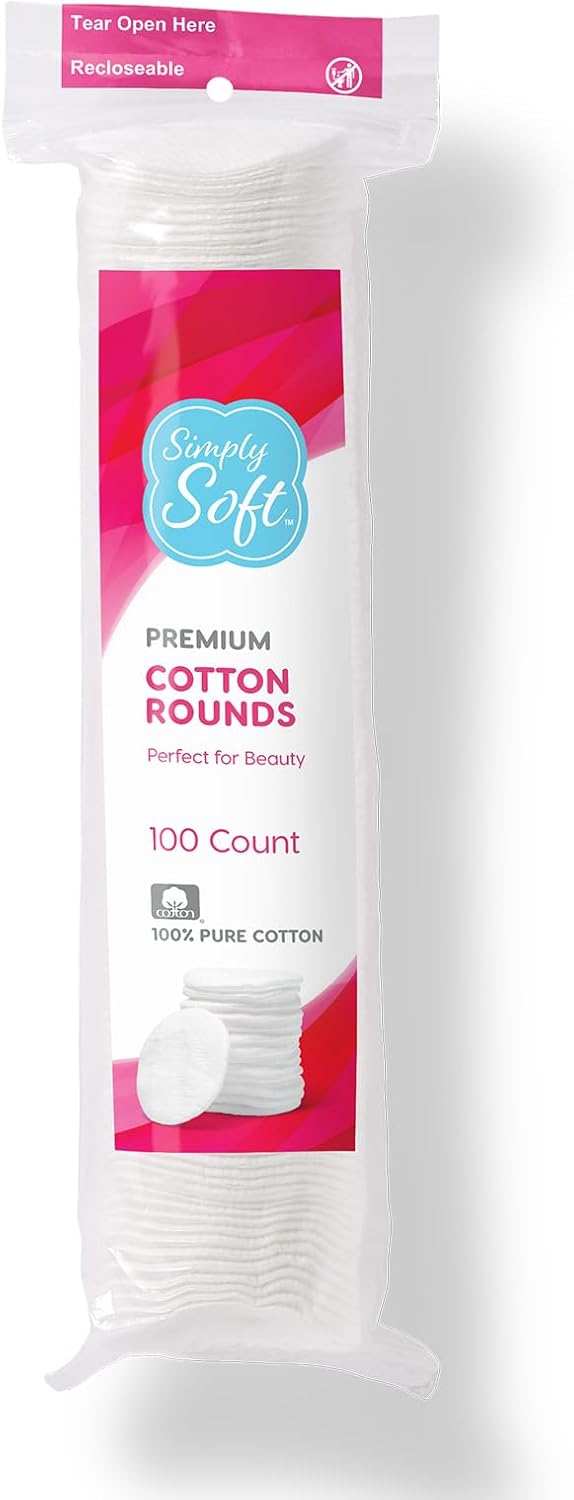 Simply Soft Premium Cotton Rounds, 100% Pure, Absorbent Cotton Pads, 100 Count (Pack of 36)