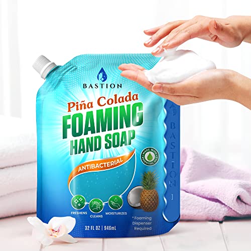 Bastion Foaming Hand Soap Refills: 32oz Pouch Pina Colada Scented Antibacterial Instant-Foam Bulk Hand Wash