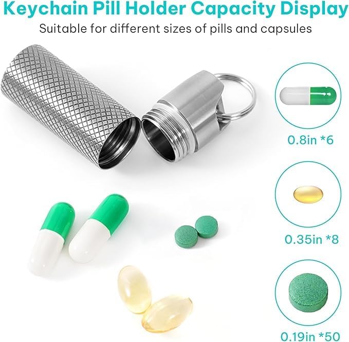 Small Titanium Pill Case Keychain - IPX7 100% Waterproof, Extreme Temp Resistant, Large Capacity, Double O-Ring Seal for Theaters & Travel (2PC)