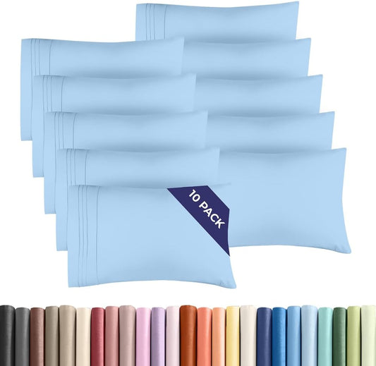Standard Pillow Cases Set of 10 - Ultra Soft Hotel Quality Pillowcase Covers - Comfy & Wrinkle Free - Shrink, Stain and Fade Resistant - Machine Washable Pillow Protectors - 10 Piece Set - Light Blue