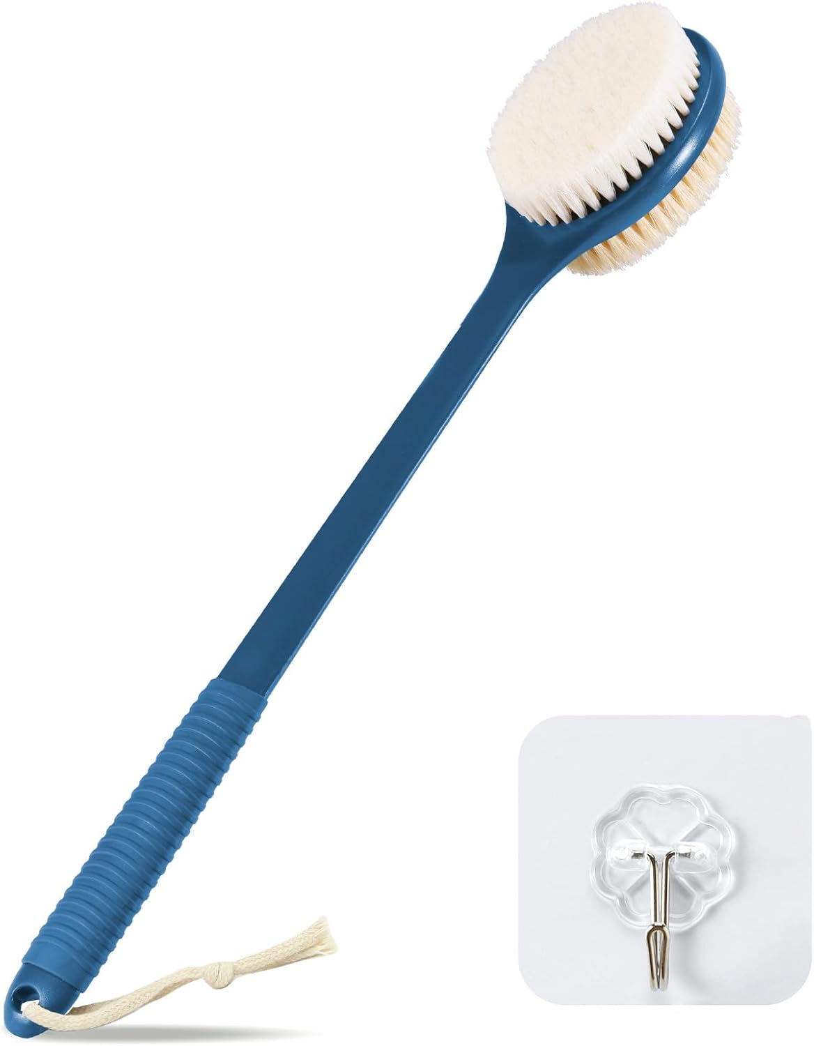 VANZAVANZU 17 Inch Anti-Slip Long Handle Back Scrubber for Shower – Dual-Sided Shower Brush and Shower Back Scrubber with Soft and Stiff Bristles for Wet or Dry Brushing (Navy Blue)