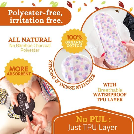 Non-Slip, (Premium) Reusable Menstrual Pads for Light Flow (6 Pack S+M) - Leak Proof & Odor Free Cotton Cloth Pads for Women & Teens - High-Temp Washable, Soft & Skin-Safe for All-Day Period Comfort