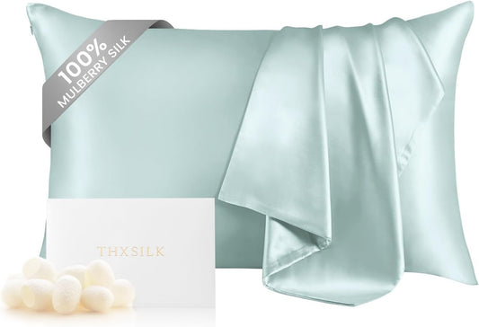 THXSILK 100% Mulberry Silk Pillowcase for Hair and Skin Health, Soft Breathable and Smooth Pillowcase with Hidden Zipper, Both Sides Premium Grade 6A+ Silk, 1pc (Standard 20"x26", Light Blue)