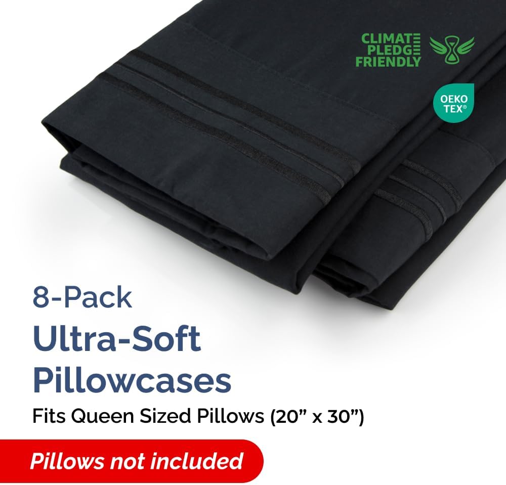 Queen Pillow Cases Set of 8 - Ultra Soft Hotel Quality Pillowcase Covers - Comfy & Wrinkle Free - Shrink, Stain and Fade Resistant - Easy-Care, Machine Washable Pillow Protectors - 8 Piece Set - Black