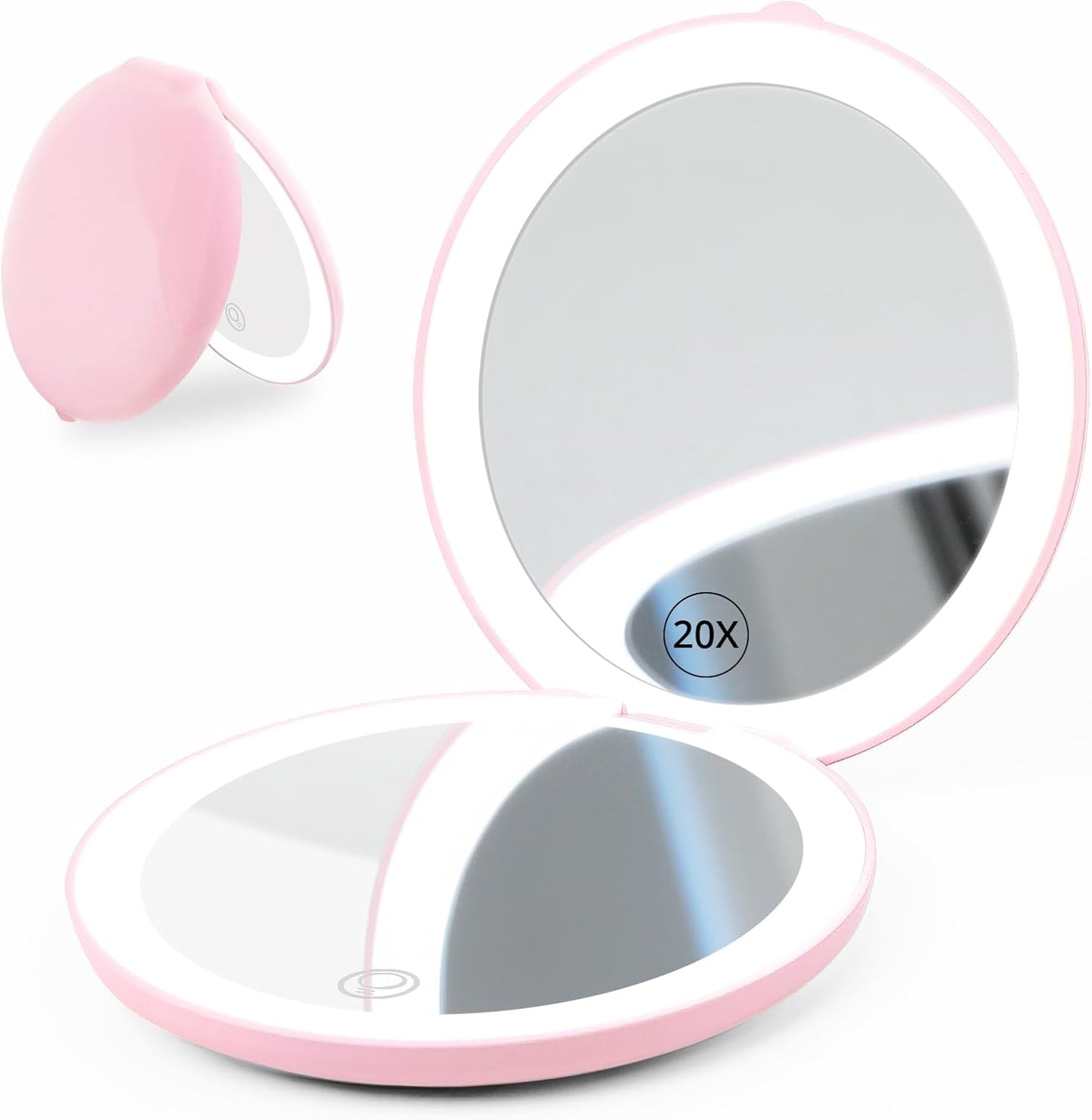 Fabuday Travel Compact Magnifying Makeup Mirror with Lights - Large 4.8'' Wide Led Lighted Portable Mirror with 1x/20x Magnification, Rechargeable Small Foldable 3 Color Lighting Mirrors, Pink
