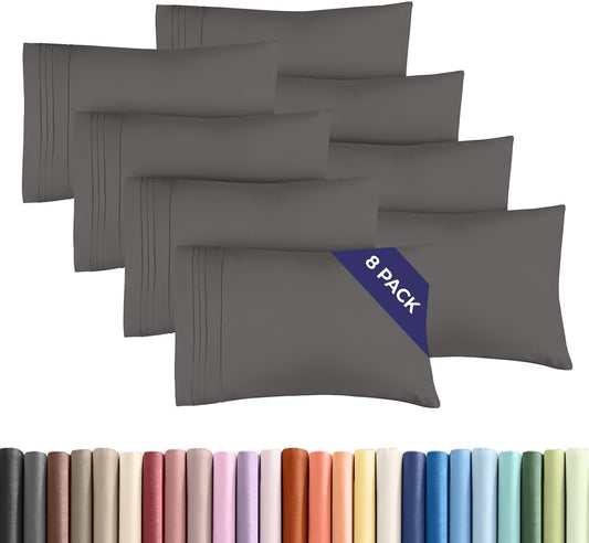 King Pillow Cases Set of 8 - Ultra Soft Hotel Quality Pillowcase Covers - Comfy. Cozy & Wrinkle Free - Shrink, Stain and Fade Resistant - Machine Washable Pillow Protectors - 8 Piece Set - Dark Grey