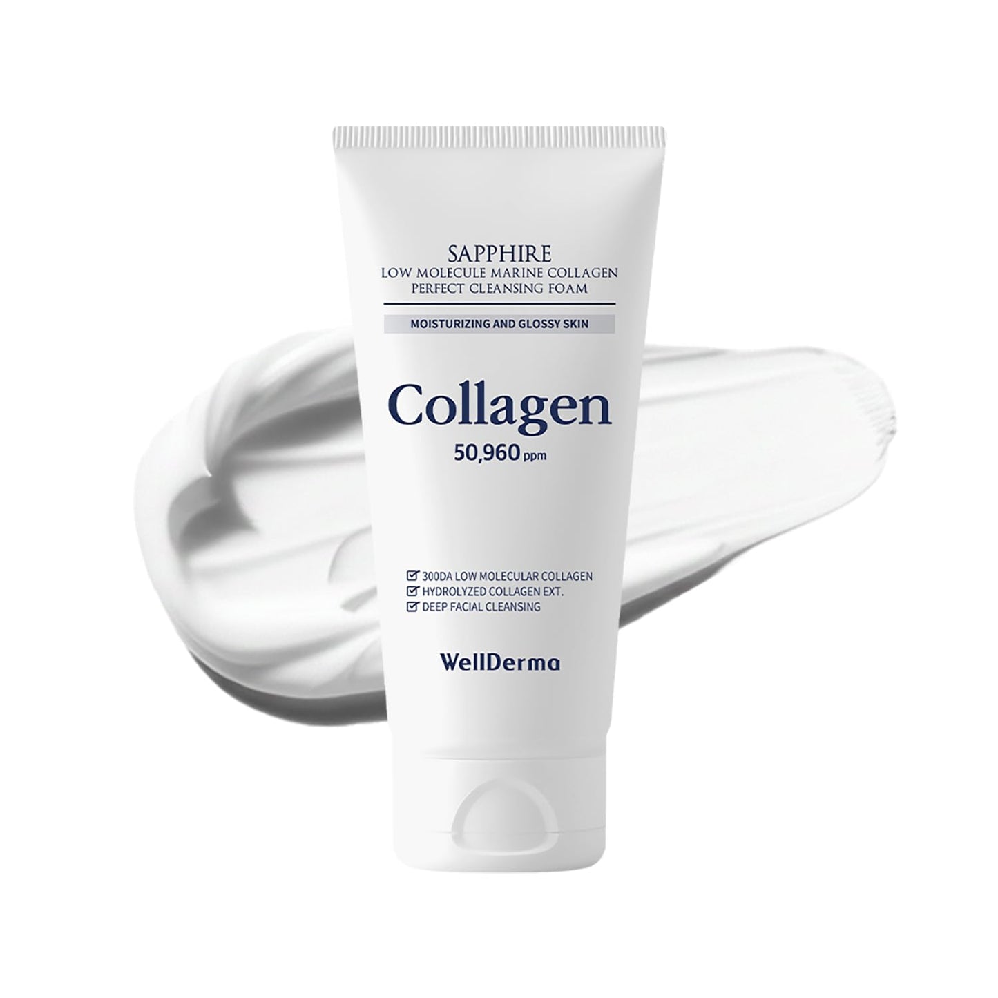 WELLDERMA Sapphire Collagen Cleansing Foam, 150mL – Gentle Facial Cleanser with Hydrolyzed Collagen & Glycerin, Moisturizing Creamy Lather