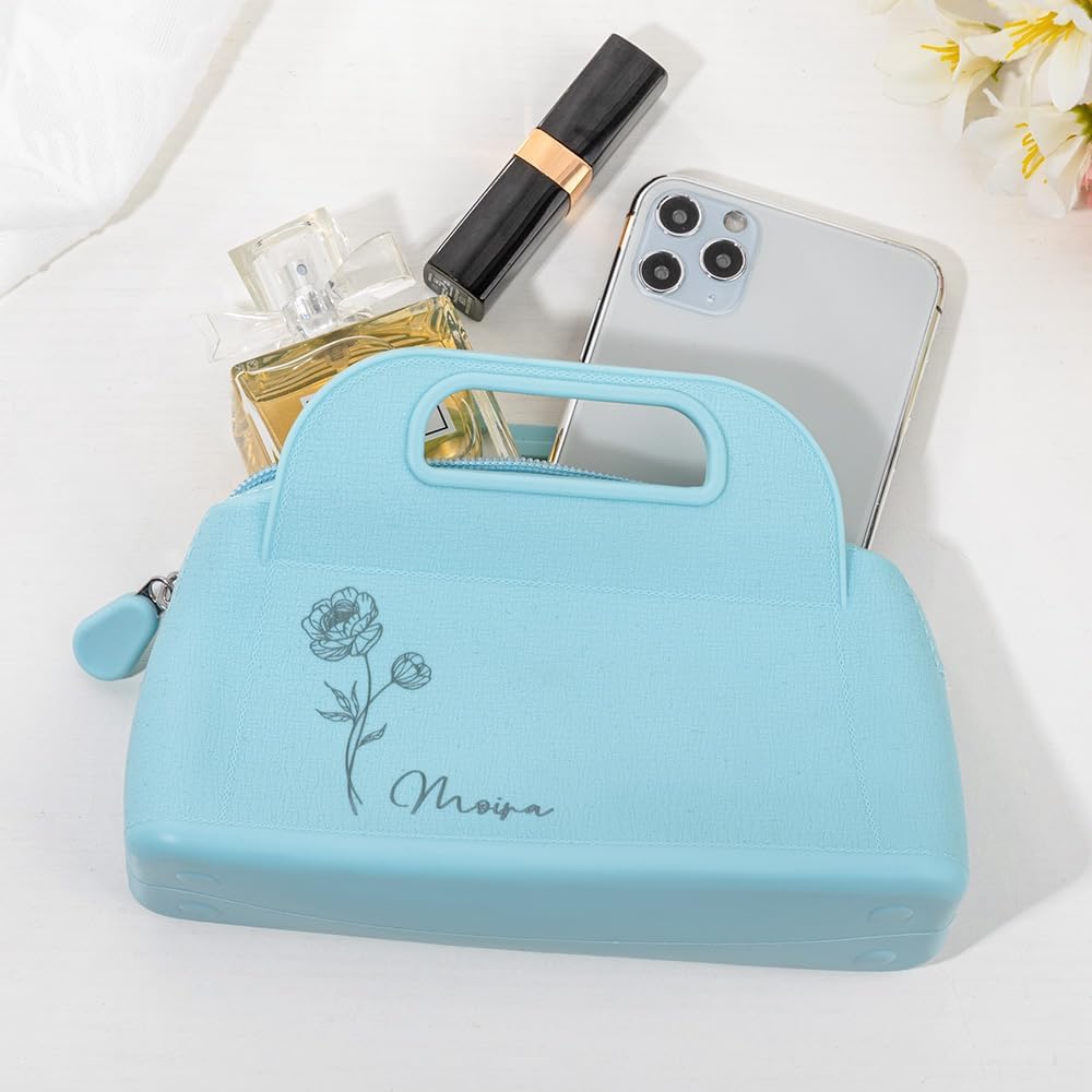 Custom Small Travel Makeup Bag Silicone Waterproof Personalized Birth Flower Name Makeup Brush Case Portable Zipper Cosmetic Bag Gifts For Mom Daughter 4 Colors Size 7.28×4.96INCH