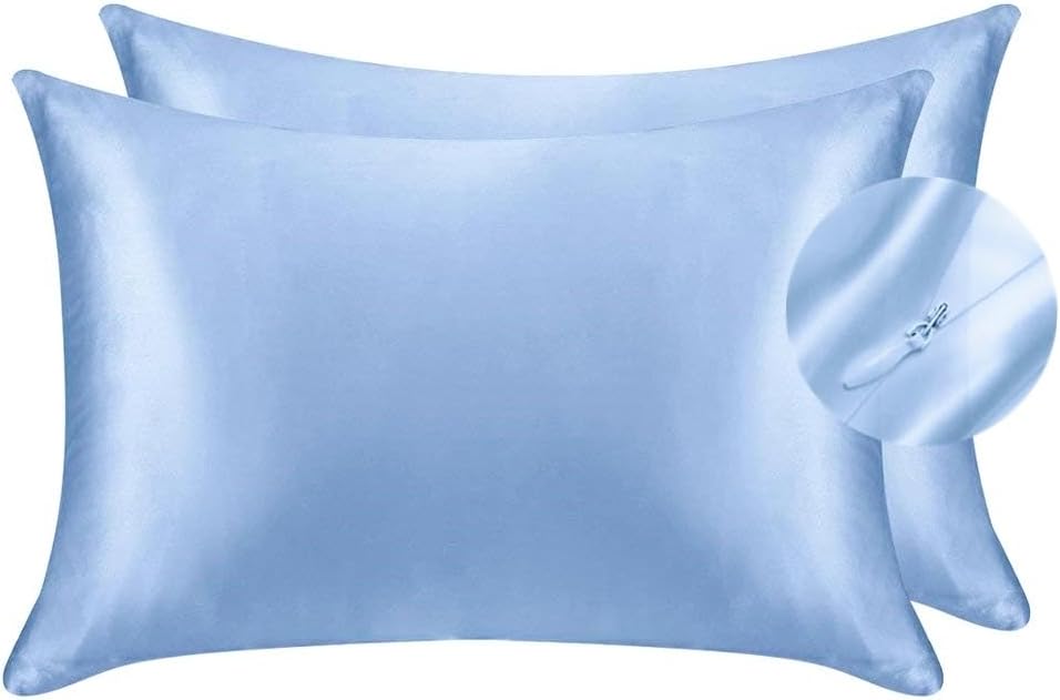 Juwenin Bedding,Luxury Satin Pillowcase with Zipper (Silky Satin Pillow Case for Hair) Set of 2 (Blue, Queen(20''x29''))